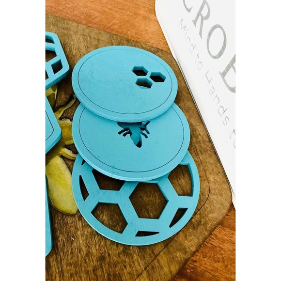 Set Of 6 Waterfall Blue Farmhouse Inspired Bee Coasters (WBB) - Picture 5 of 6